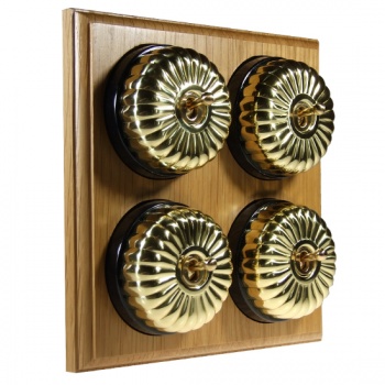 4 Gang 2 Way Light Oak Wood, Polished Brass Fluted Dome Period Switch